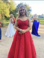 Amarra Red Tulle Ball Gown Formal Evening Dress, Lace Appliqu  Strappy Back