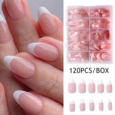 120Pcs/box French Manicure False Nails Full Cover Almond Shaped Nail Fake Tips 
