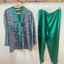 Vintage Gold Label Victorias Secret Green Floral Satin Pajama Set Medium