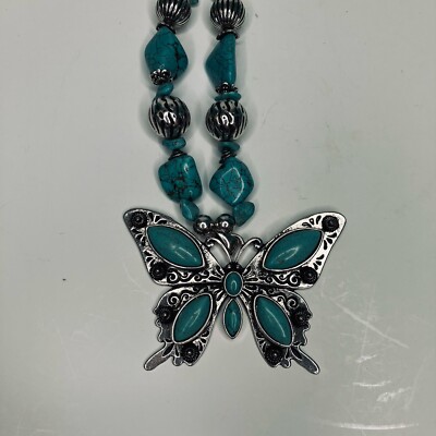 Western Boho Blue Faux Turquoise Butterfly Pendant Necklace