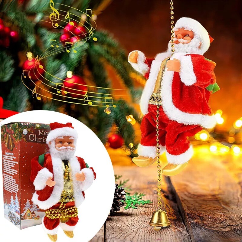 Electric Climbing Santa Claus Doll Music Christmas Tree Ornament Decor Xmas Gift
