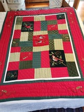 Embroidered Christmas Bird Quilted Throw 60 x 50 Red Green Cardinal Chickadee