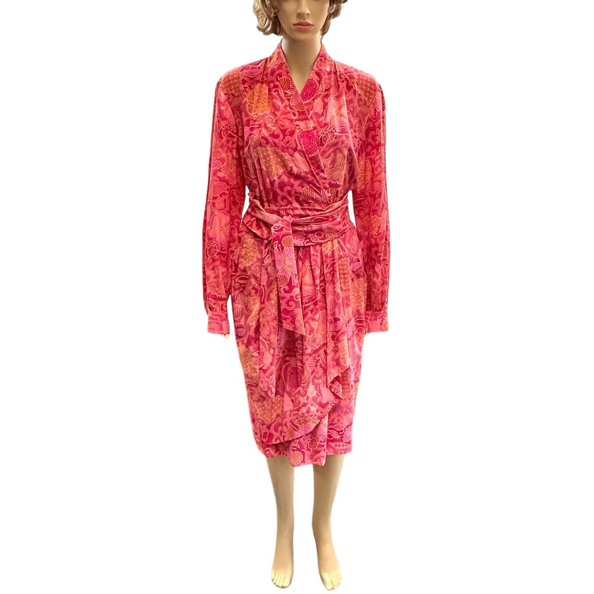 dana buchman silk dress Vtg Dana Buchman Silk Pink Floral Long Sleeve Faux Wrap Dress Sash Belt /cb