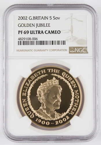 Great Britain 2002 5 Pound 1.177 Oz AGW Gold Proof Coin Queen Mother NGC PF69