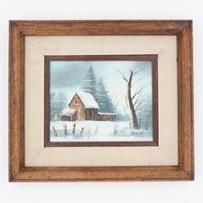 Snowy Barn Original Painting Winterscape Linen Matted Framed Signed Robson 17x15