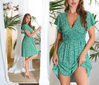 SeXy Miss Womens Girly Mini V Dress Floral Dress Short Sleeve L/XL 38/40 Green White