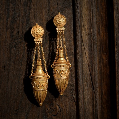 Boucles d'Oreilles Dormeuse Art Nouveau Doré Lanterne Sculpté Victorien Long EH6 - Imagen 5 de 12
