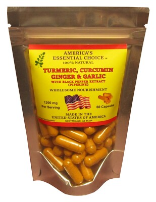 4-in-1 Turmeric, Curcumin, Ginger & Garlic Supplement Capsules - USA ( 1200 mg )
