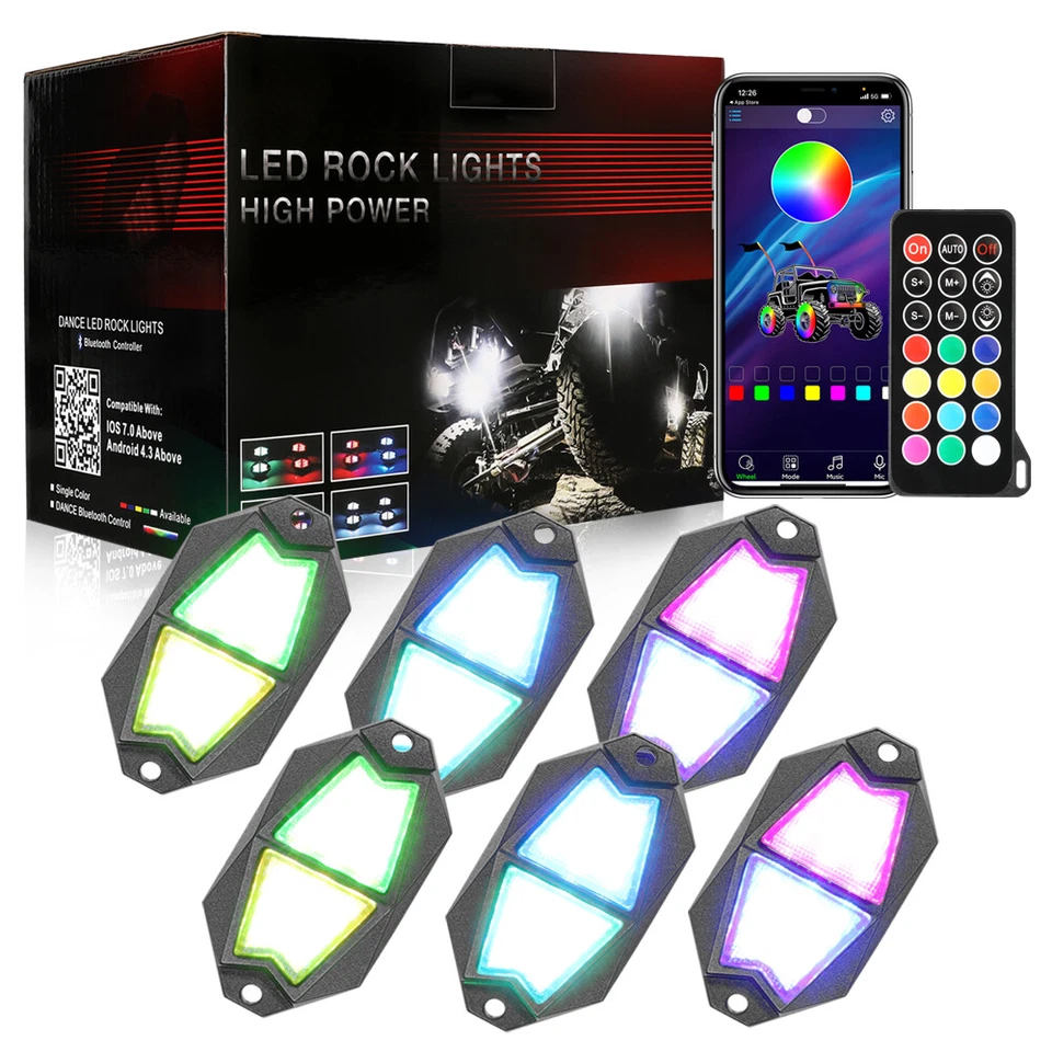 6 PIEZAS Coche Subterráneo LED RGB Luz de Roca Control Remoto y APP Todoterreno Camión UTV ATV Foto 3 de 4