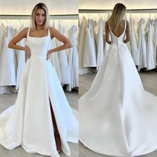 Simple A Line Wedding Dresses Spaghetti Straps Backless Side Slit Bridal Gowns