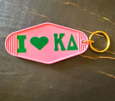 Kappa Delta AOT Sorority Pink Motel Keychain Gold Tone Ring Greek Letters.