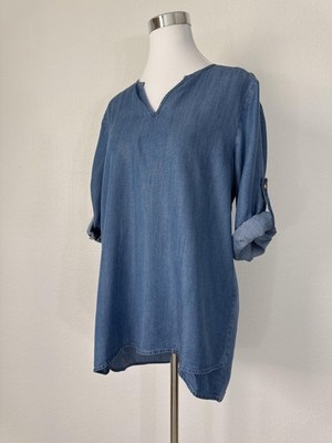 Philosophy Republic Shirt Womens Sz M Blue Tencel Chambray Tunic Roll Tab Casual