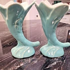 Bauer Atlanta Pottery S/2 Cornucopia vases, Art Deco, Vtg, Mint, Aqua, Blue RARE