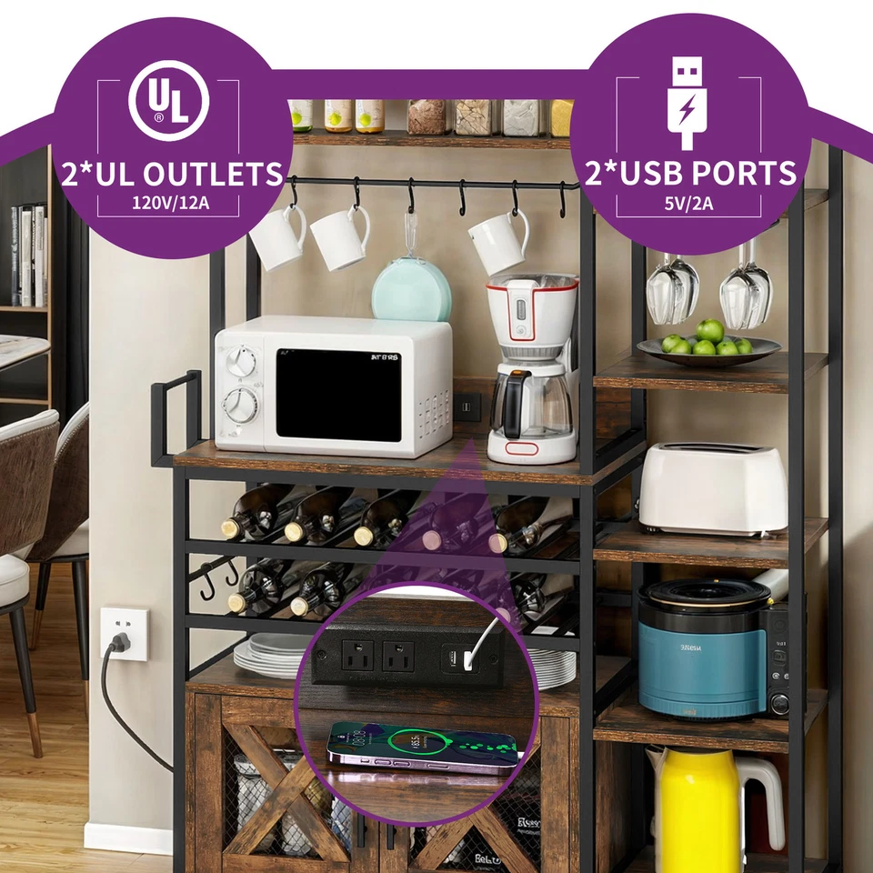 6-уровневый барный шкаф, винная стойка, стойка для выпечки с розеткой питания, стеклянный держатель для ликера - Изображение 4 из 4