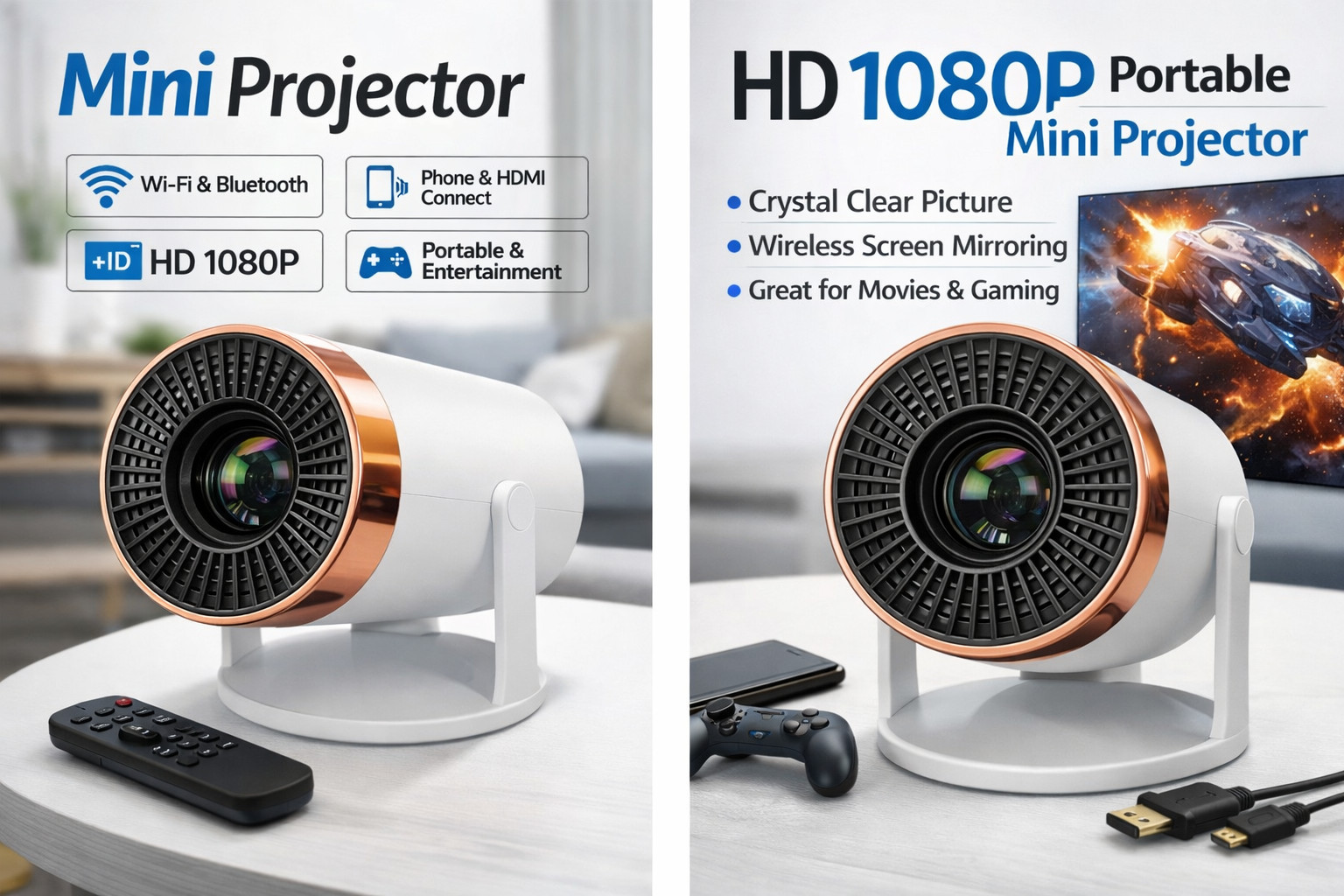 Mini Projector WiFi Bluetooth Built-in Apps 180° Rotation Auto Keystone 1080P HD