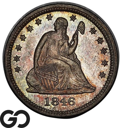 1846 Seated Liberty Quarter, RARE This Nice, Choice BU++ Key Date Color Toner