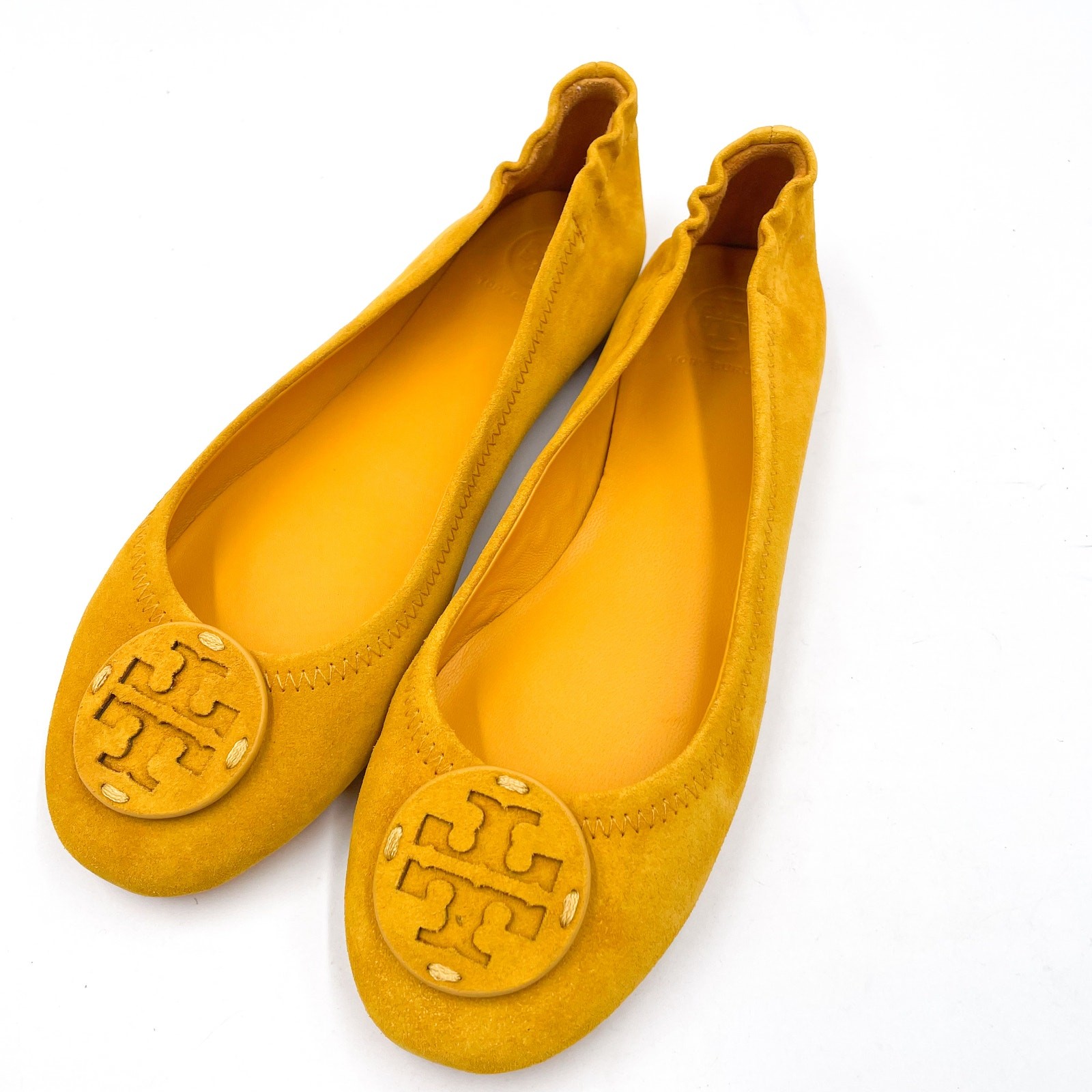 Tory Burch Minnie Travel Ballet Flats Gold Crest Suede Leather Logo Yellow Sz 7 thumbnail 3