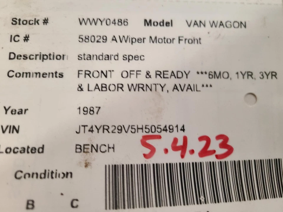 Used Windshield Wiper Motor fits: 1987 Toyota Van wagon standard spec Grade A - Image 4 of 4