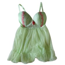 VINTAGE VICTORIA'S SECRET Green/Pink Babydoll Chemise Lingerie Mesh Lace 34D