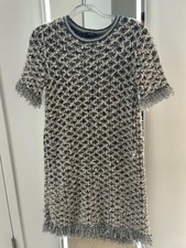 Chanel Tweed Dress 38 Blue White Metallic Bouclé Knit Shift Short Sleeve Classic