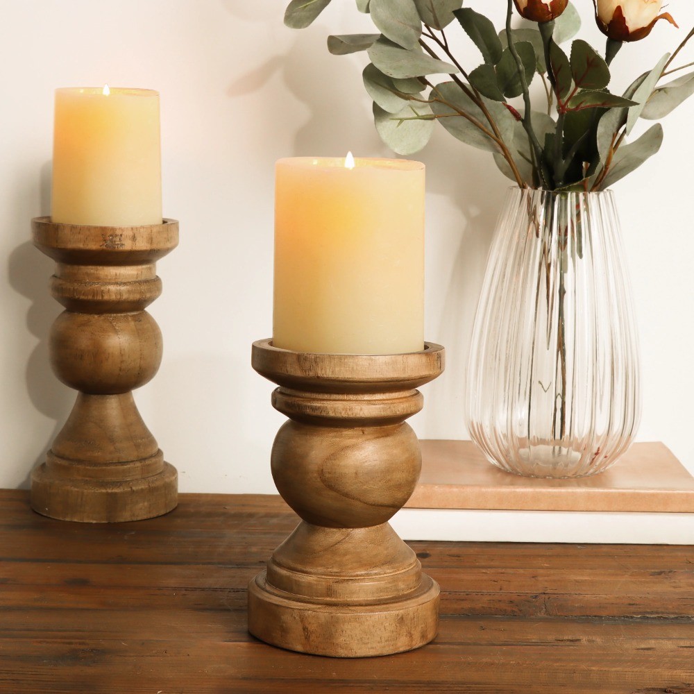  Decorative Wood Pillar Candleholder, Natural, 6"