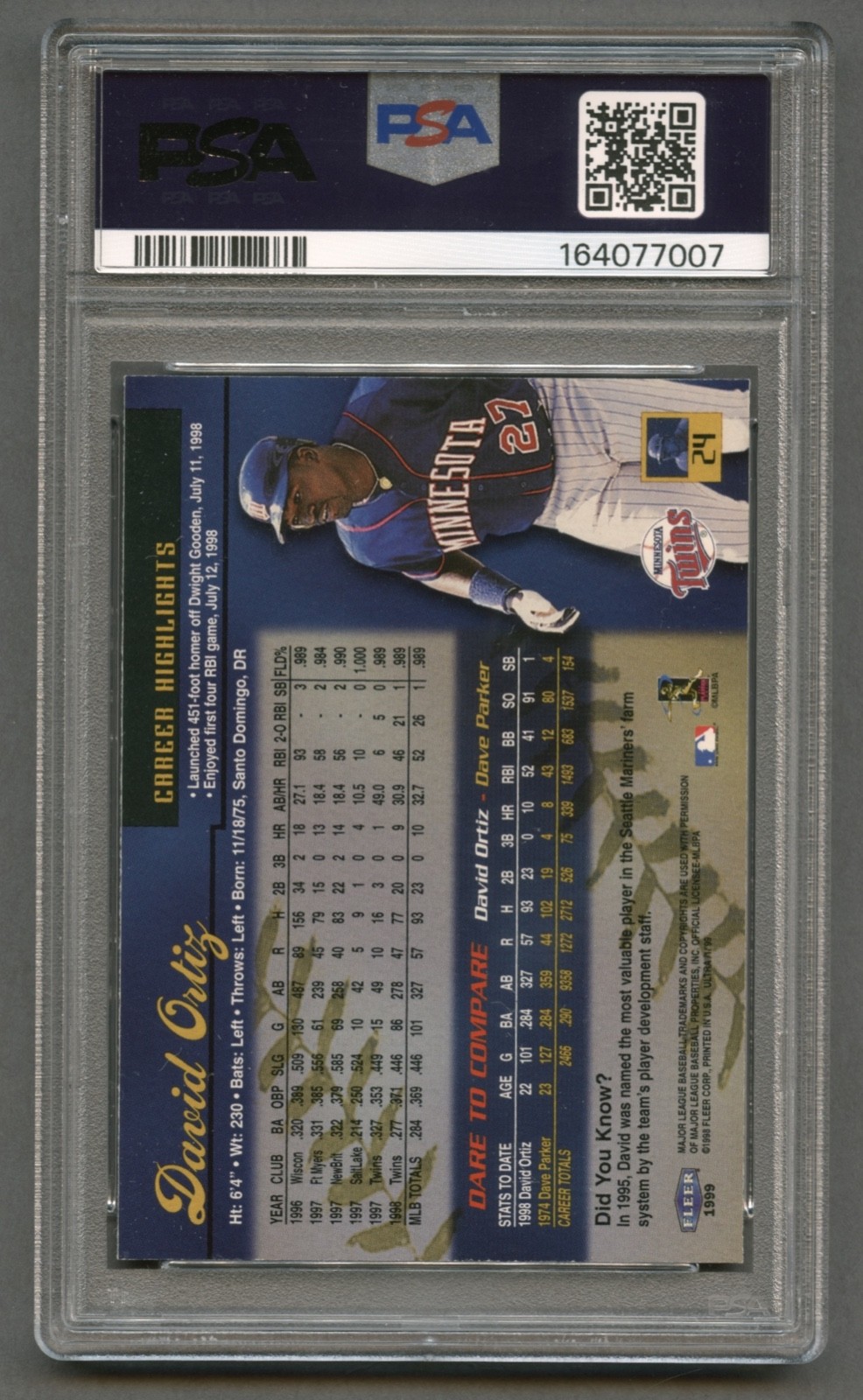 1998 DAVID ORTIZ PSA 10 GEM MT ULTRA HOF MINNESOTA TWINS BOSTON RED SOX #24 RZC view 2
