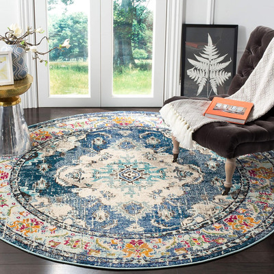Monaco 8' Round Area Rug - Navy & Light Blue Boho Chic, Easy Care Design