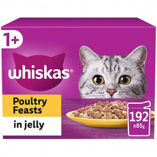 192 x 85g Whiskas 1+ Poultry Feasts in Jelly Mixed Adult Wet Cat Food Saver Pack 3.43 per kilo
