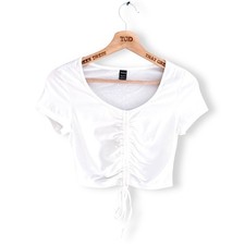 White Ruched Crop Top Ladies Size 8 Short Sleeved Stretch Cotton T-Shirt Tee