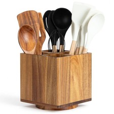 Extra Large Rotating Acacia Wood Utensil Holder 4 Compartment Countertop Set