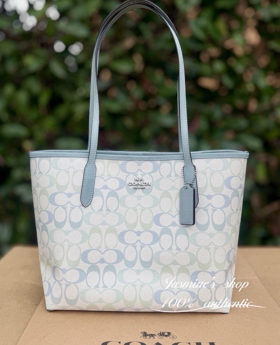Coach Medium City Tote Bag In Signature Canvas Silver/Chalk/Blue
