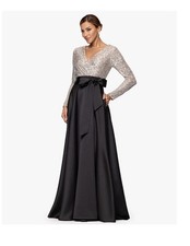 XSCAPE DIXIE V-NECK LONG SLEEVE SEQUIN TOP WAISTBAND WITH BOW GOWN Sz 8