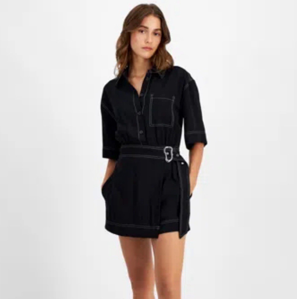 Bar III Black White Seams Short Sleeve Belted Utility Button Up M Skort Romper