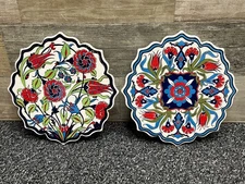 Turkish Iznik Ceramic Trivet Lot - 2 Decorative Tiles - Blue Red Patterns