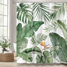 Tropical Green Leaves Shower Curtain with 12 Hooks, 72x72 in