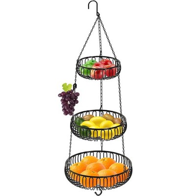 Simple Houseware Adjustable Metal Hanging Fruit Basket, Oblate, Black, Black