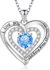 I Love You for Always and Forever Heart Necklace Birthstone Sapphire Cubic Zirco