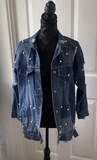 QED Size S Distressed Denim Jacket with Pearl Embellishments