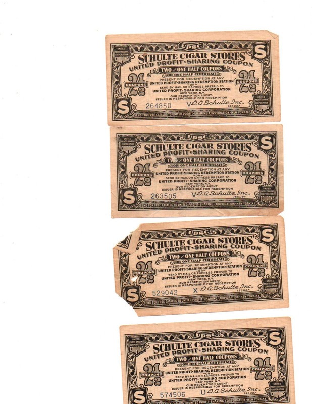 4 Schulte Cigar Store, United Profit Sharing Coupons 2 1/2 coupons Each (1920s)