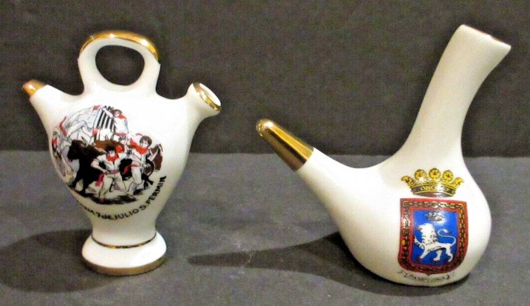VINTAGE Set of 2 Miniature Porcelain Wine Oil Vessels by Mendi - Pamplona, Spain