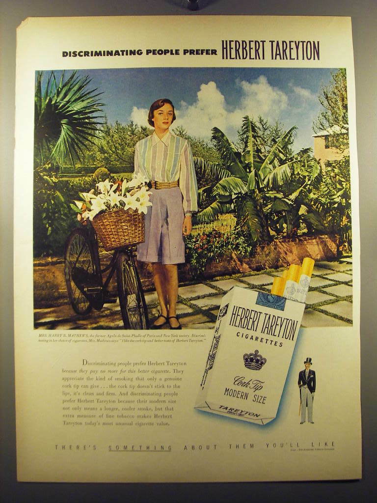 harry mathews cigarettes 1950 Herbert Tareyton Cigarettes Ad - Mrs. Harry B. Matthews