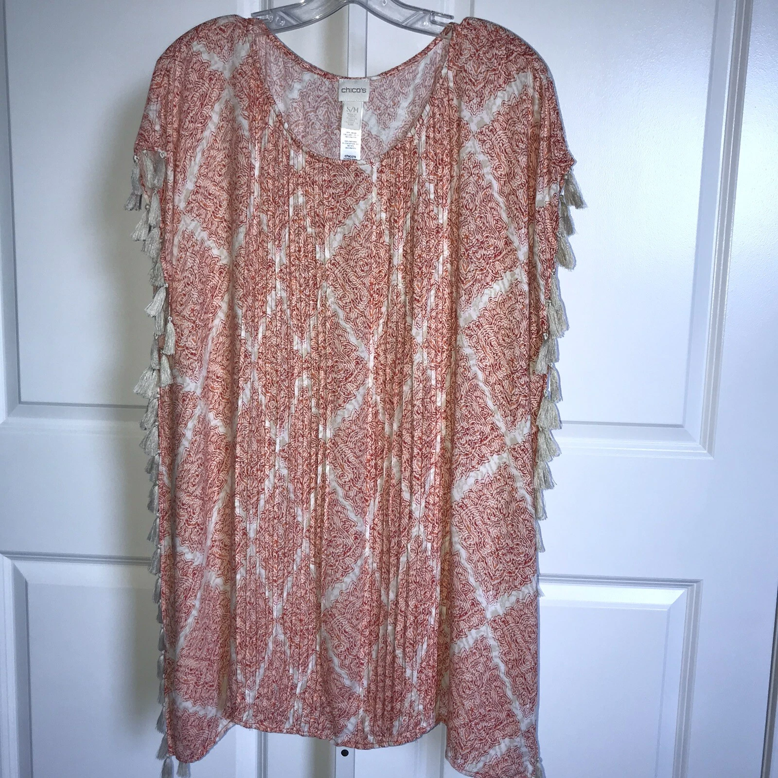 Chico's Tassel Trim Tunic Coverup Poncho Size Small/Medium Rayon Orange