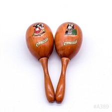 Set of 2 Vintage Wooden Maracas Souvenir Tenerife Themed Hand Painted