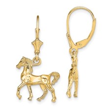 31.2mm 14K Yellow Gold 3-D Polished Leverback Horse Earrings