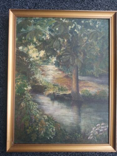 VINTAGE OIL PAINTING ON CANVAS STREAM RUNNING THROUGH THE WOODS  - Photo 1/5