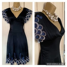 Stunning Karen Millen Black Silk Satin Embroidered Kimono Dress Xmas Party UK8
