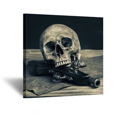 KREATIVE ARTS - Abstract Skull with a Gun Wall Art Canvas Painting Vintage Po...