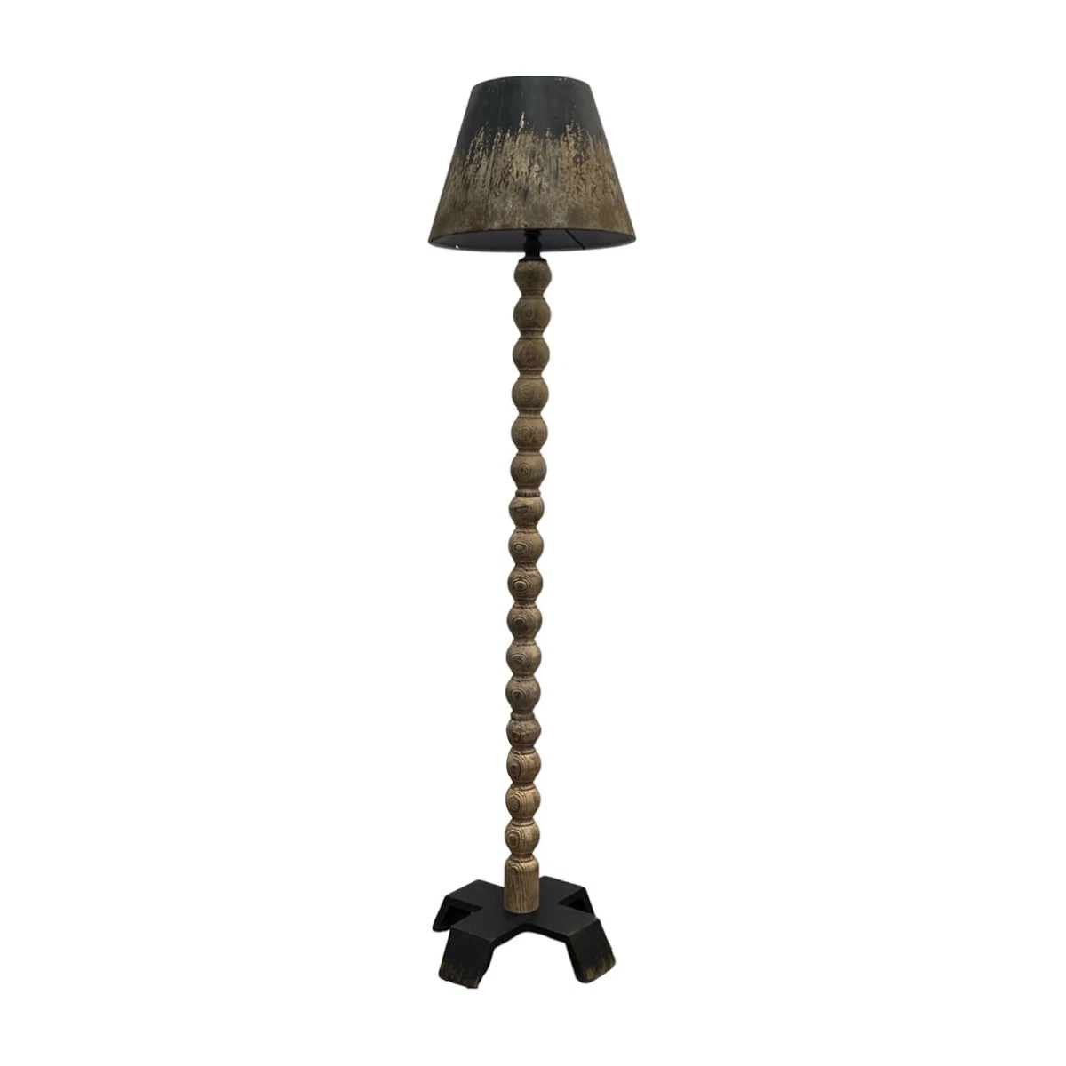 Distressed Floor Lamp with Carved Wooden Rope Design and Tin Shade 75 Inch