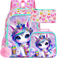 3PCS Unicorn Backpack for Girls, 16" Kids Bookbag with Lunch Box, Water Resistan