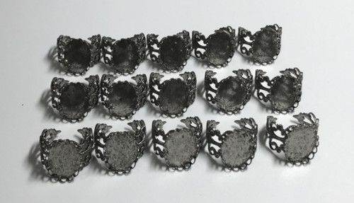 Lot 15 Adjustable Finger Ring Blanks Oval Cabochon Filigree Antique Silver Tone